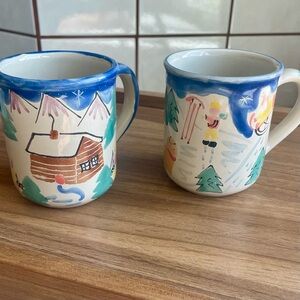 Holiday Starbucks Coffee Mug Handpainted In Hungary Skiers Winter Cabin Scene